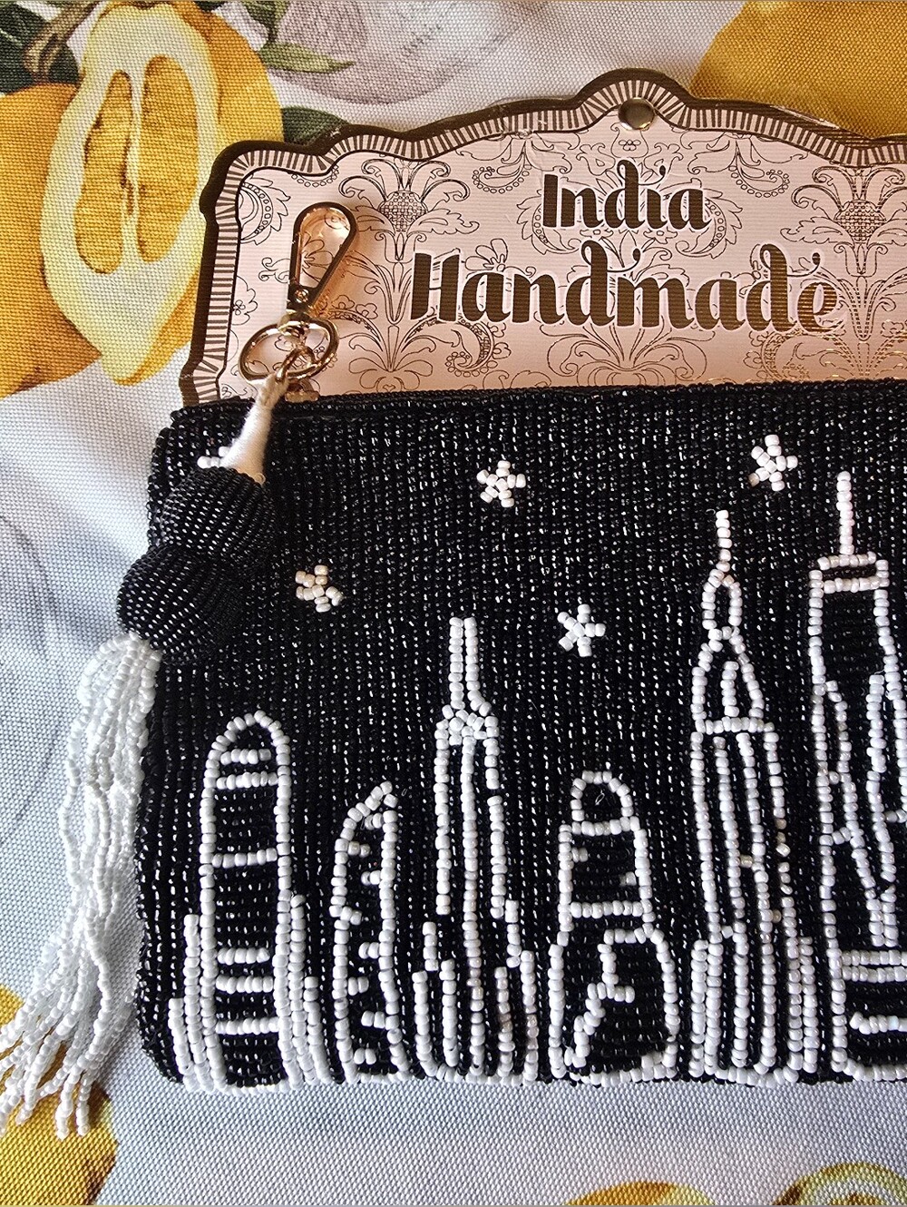 India Handmade Beaded Black & White City Skyline Clutch